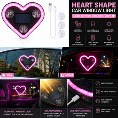 Heart Shape Solar Car Window Light | LED Neon Ambient Decoration Light | Rechargeable Romantic Car Interior Window Lamp with Suction Cups