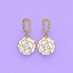 White Rose Pearl Drop Earrings