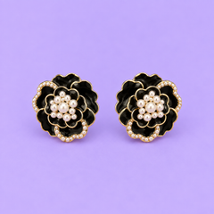 Black Rose Pearl Floral Stud Earrings