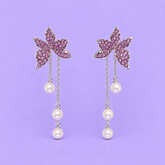 Pink Crystal Butterfly Pearl Tassel Drop Earrings for Women