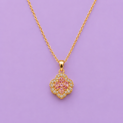 Pink Floral Crystal Pendant Necklace in Gold Tone
