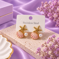 Ocean Shell & Starfish Pearl Stud Earrings