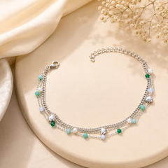 Layered Silver Plated Anklet for Women & Girls | Adjustable Multi-Layer Chain Anklet with Heart Charms & Colorful Beads | Elegant Fashion Jewelry | Gift for Birthday, Anniversary & Daily Wear
