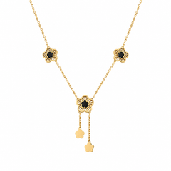 Gold Floral Pendant Necklace for Women & Girls | Black Flower Charm Gold-Plated Necklace with Tassel Drops | Elegant Fashion Jewelry | Gift for Her
