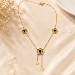 Gold Floral Pendant Necklace for Women & Girls | Black Flower Charm Gold-Plated Necklace with Tassel Drops | Elegant Fashion Jewelry | Gift for Her