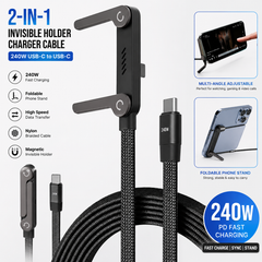 240W USB-C to USB-C Fast Charging Cable with Foldable Phone Stand | 2-in-1 Invisible Magnetic Holder | PD Fast Charge & Data Transfer Cable