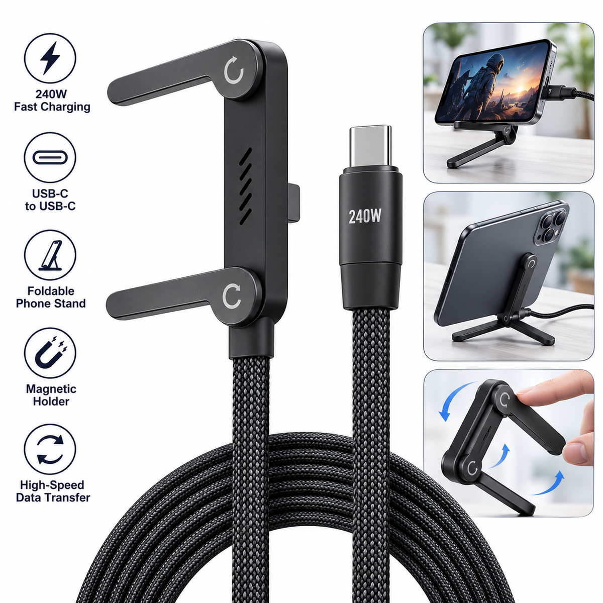 240W USB-C to USB-C Fast Charging Cable with Foldable Phone Stand | 2-in-1 Invisible Magnetic Holder | PD Fast Charge & Data Transfer Cable