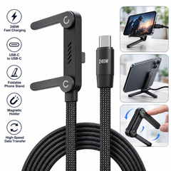 240W USB-C to USB-C Fast Charging Cable with Foldable Phone Stand | 2-in-1 Invisible Magnetic Holder | PD Fast Charge & Data Transfer Cable