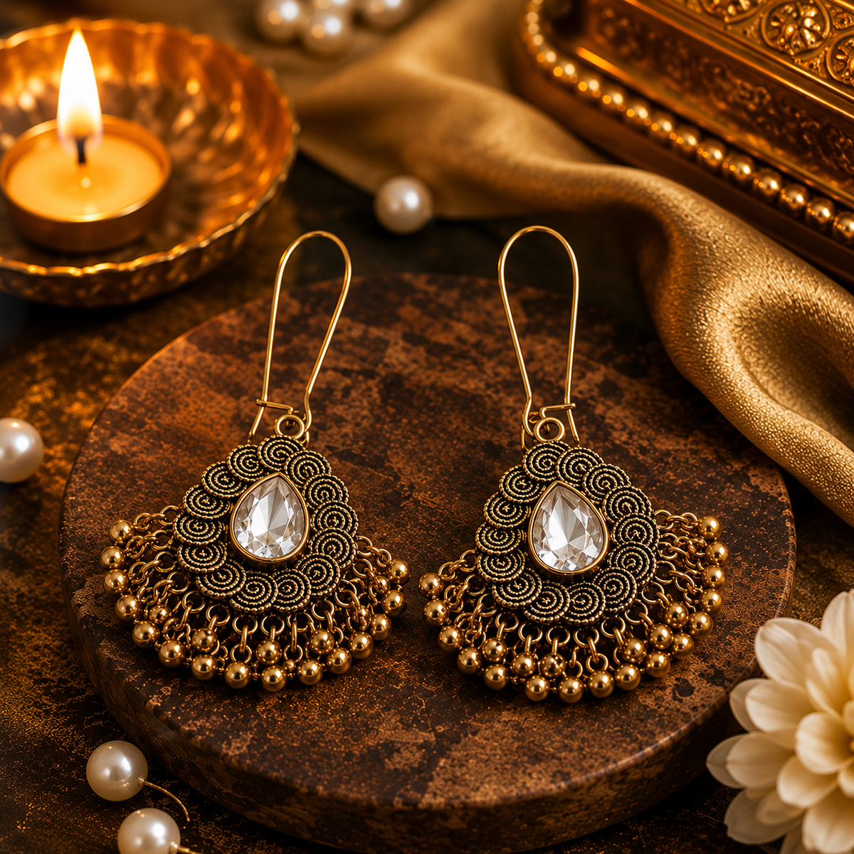 Royal Antique Gold Crystal Drop Earrings for Women | Ethnic & Festive Wear