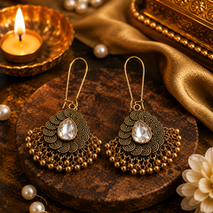 Royal Antique Gold Crystal Drop Earrings for Women | Ethnic & Festive Wear