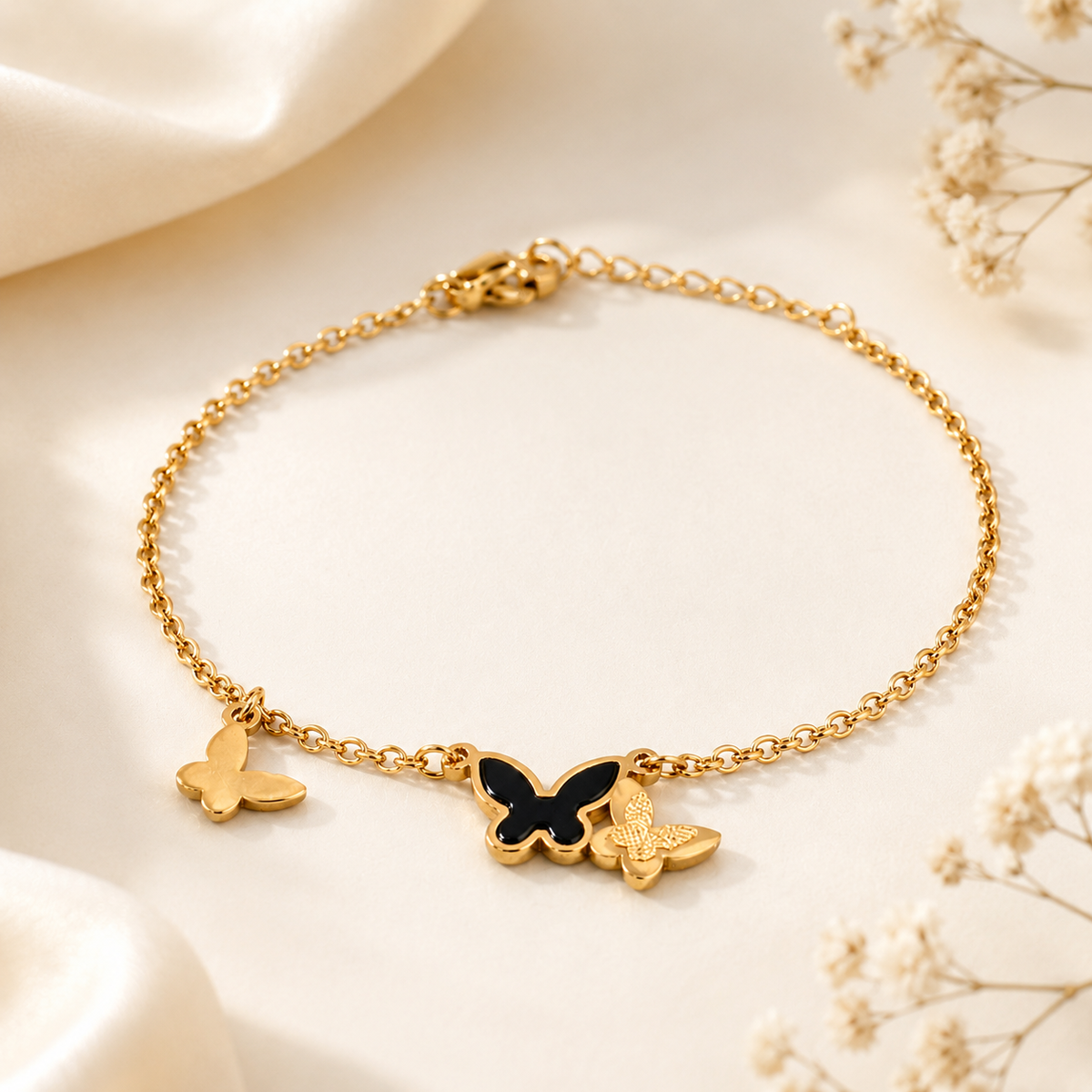 Gold Butterfly Charm Bracelet for Women – Dainty Adjustable Chain Bracelet with Black Butterfly Accent, Elegant Minimalist Jewelry Gift for Girls, Teens & Women