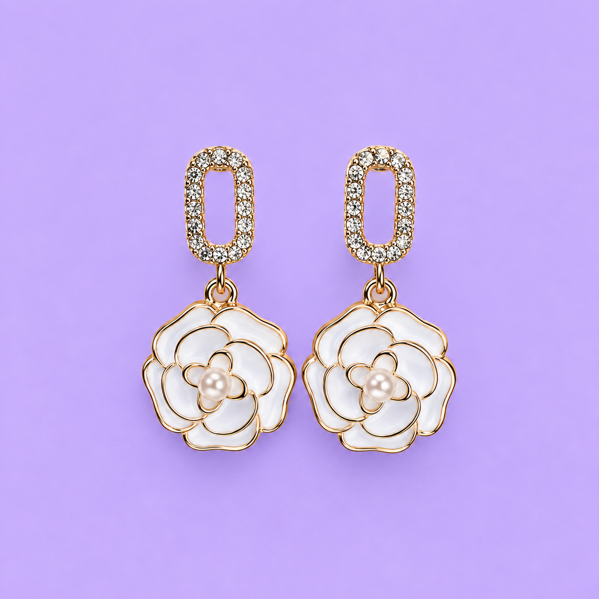 White Rose Pearl Drop Earrings