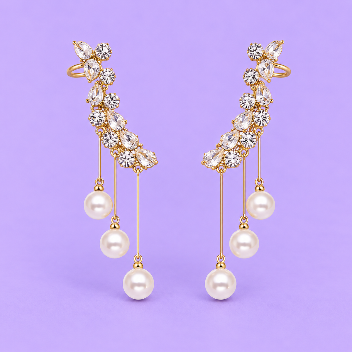 Crystal Leaf Pearl Tassel Ear Cuff Drop Earrings