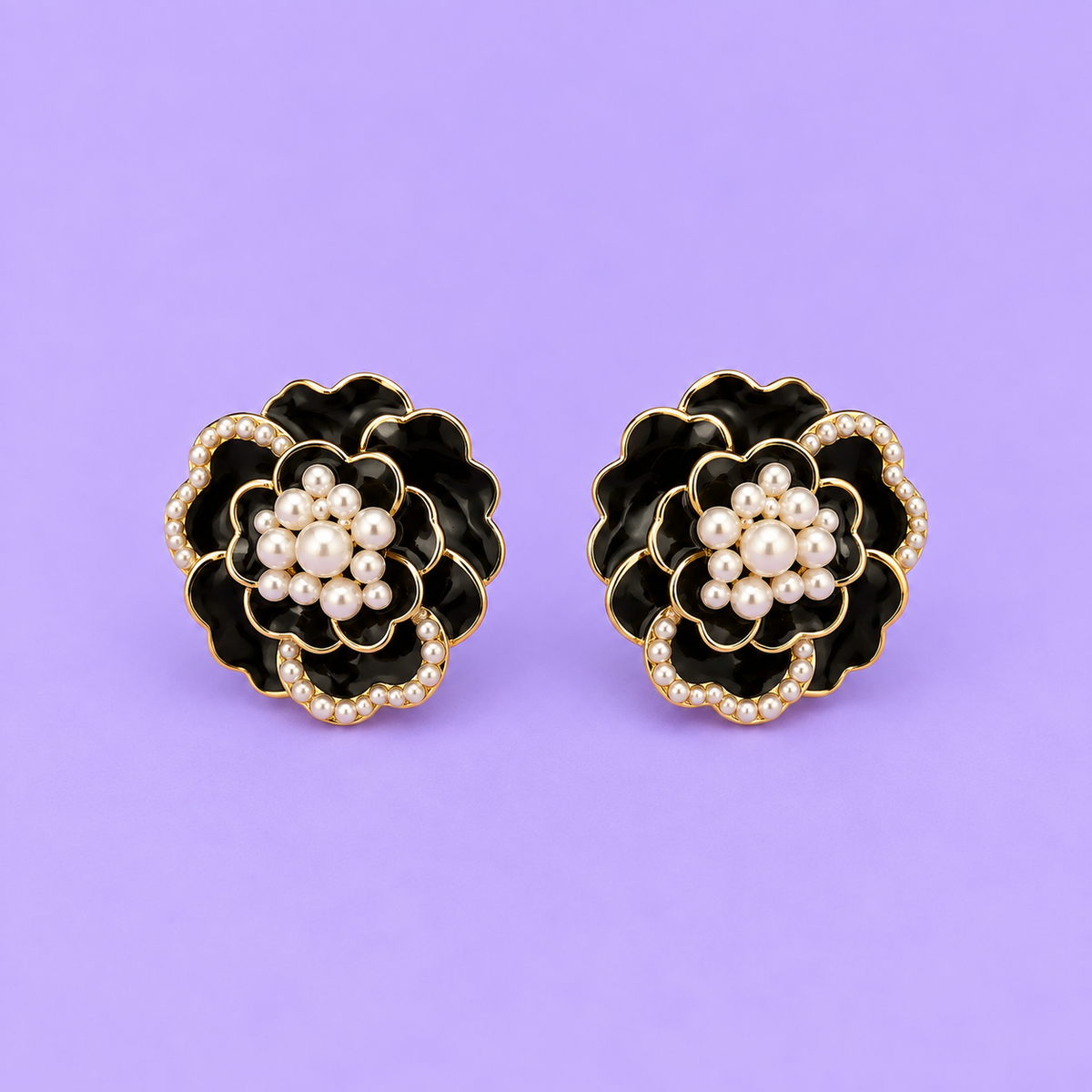 Black Rose Pearl Floral Stud Earrings