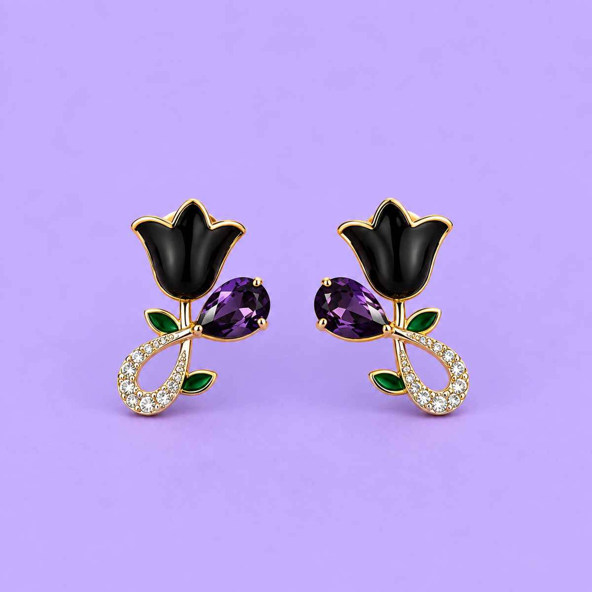 Black Tulip Crystal Flower Stud Earrings with Purple Gemstone Accent