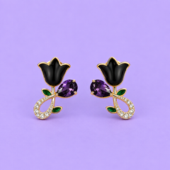 Black Tulip Crystal Flower Stud Earrings with Purple Gemstone Accent