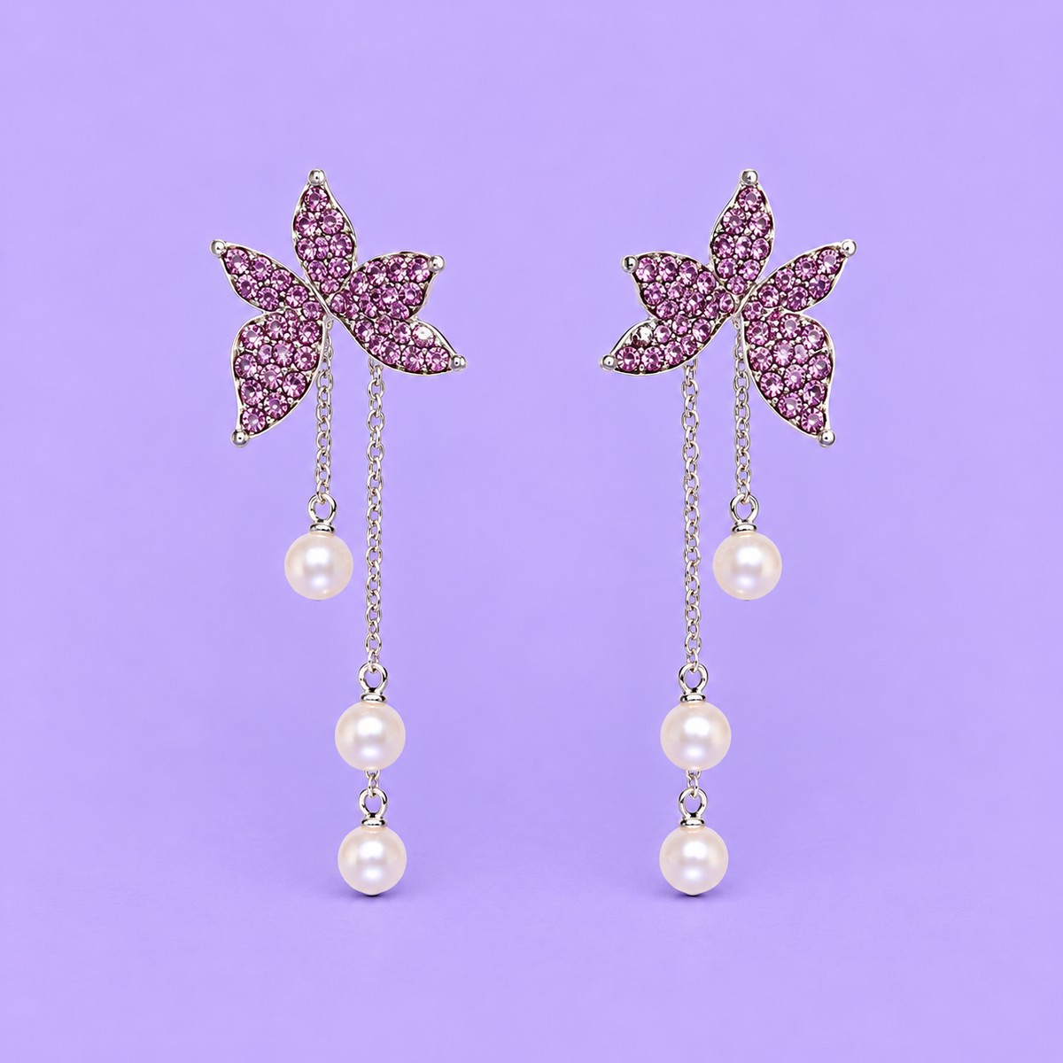 Pink Crystal Butterfly Pearl Tassel Drop Earrings for Women