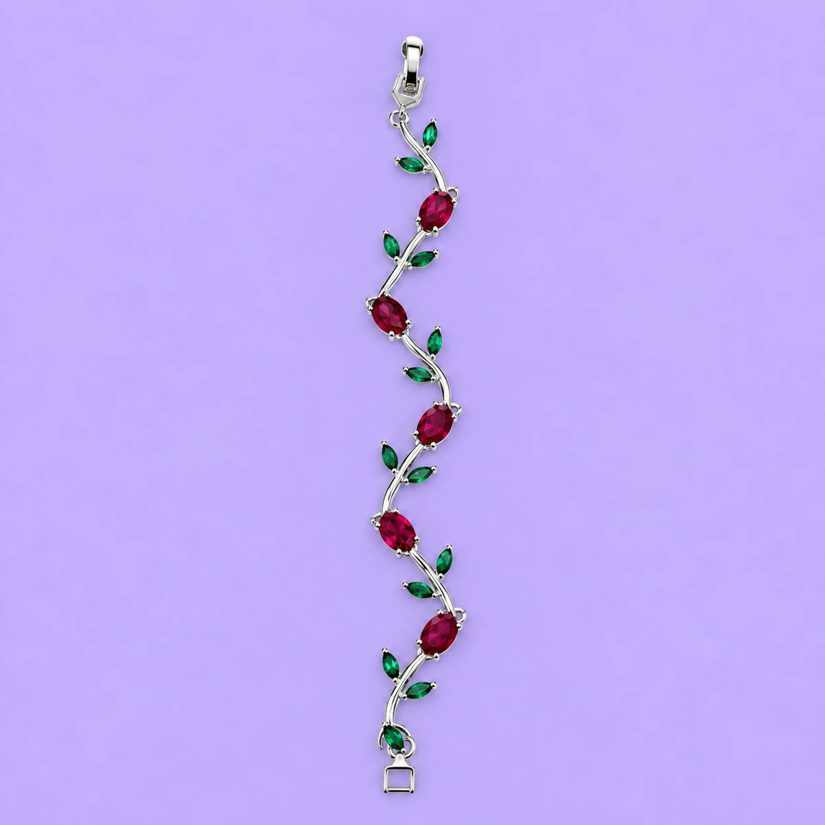 Silver-Tone Ruby Red Crystal Vine Bracelet with Green Leaf Accents