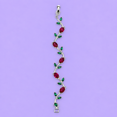 Silver-Tone Ruby Red Crystal Vine Bracelet with Green Leaf Accents