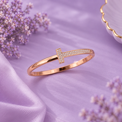 Gold T Bar Bangle Bracelet with Pave Cubic Zirconia