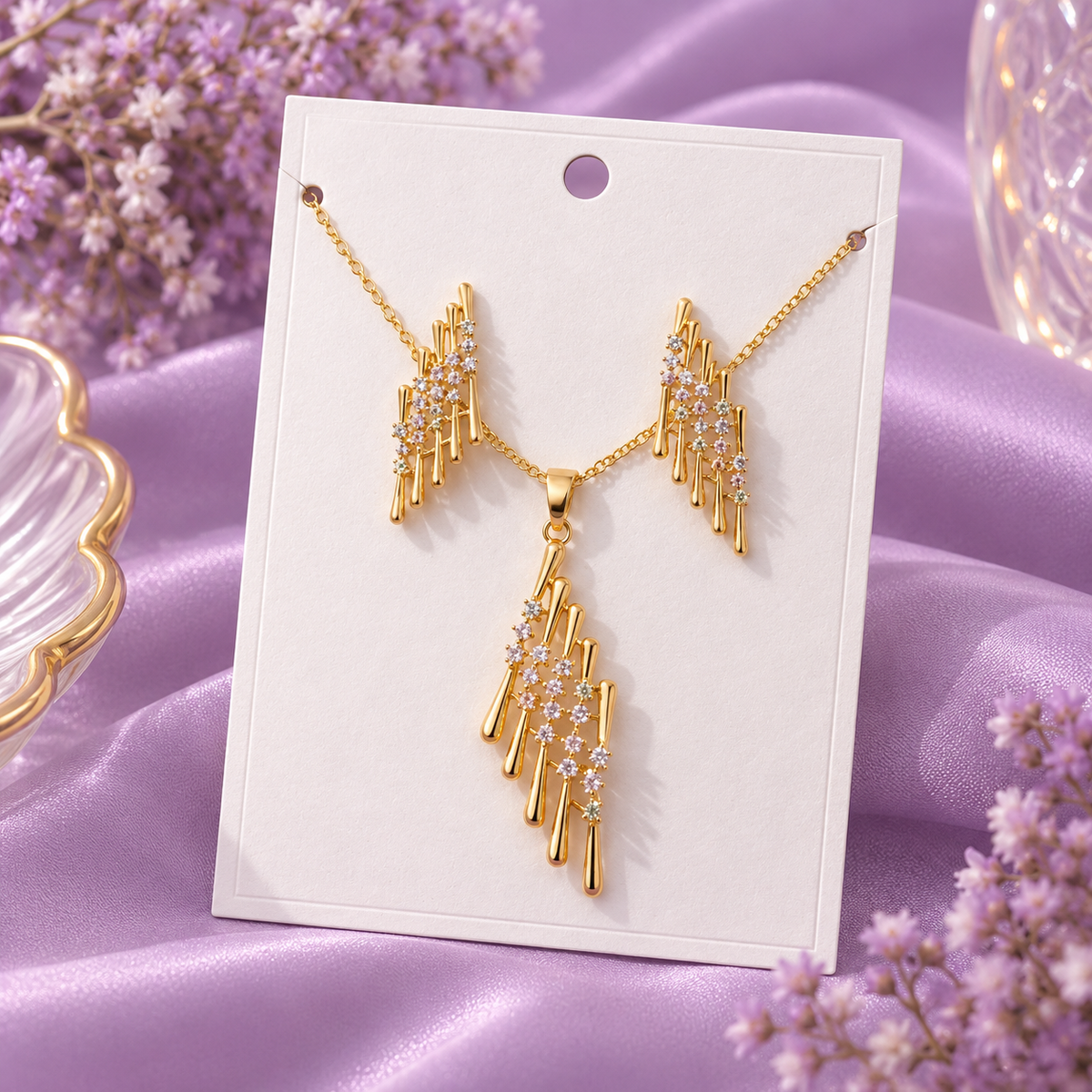 Gold-Tone Crystal Cascade Jewelry Set with Pendant Necklace and Stud Earrings