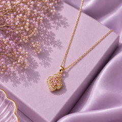 Pink Floral Crystal Pendant Necklace in Gold Tone