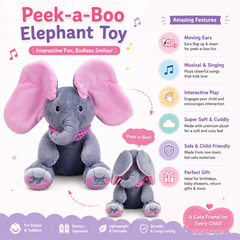 Peek-a-Boo Elephant Plush Toy for Kids | Interactive Singing Elephant with Flapping Moving Ears | Soft Musical Stuffed Animal for Babies & Toddlers
