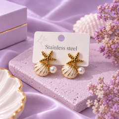 Ocean Shell & Starfish Pearl Stud Earrings