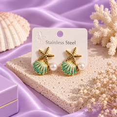 Ocean Shell & Starfish Pearl Stud Earrings